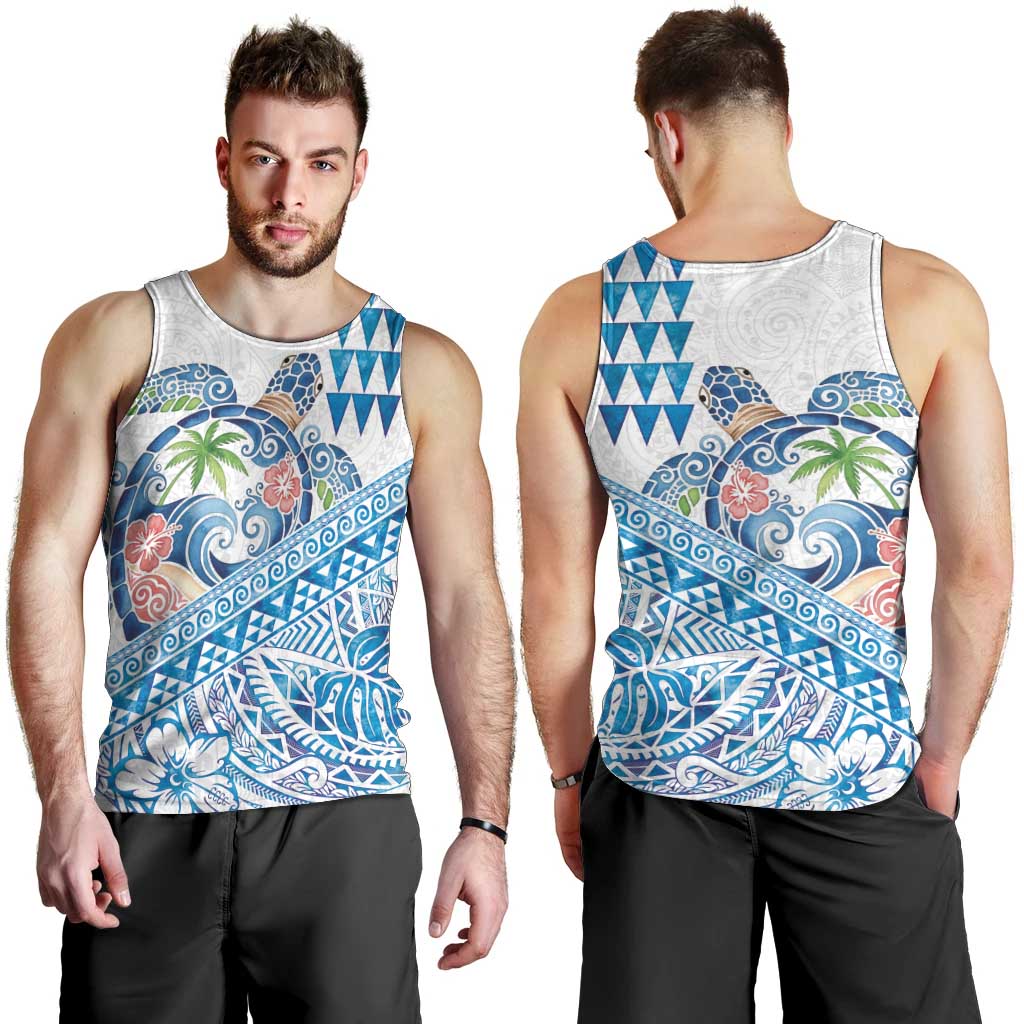 Hawaiian Abstract Sea Turtle Men Tank Top Polynesian Tapa Art and Kakau Tattoo White WaterColor - Polynesian Pride