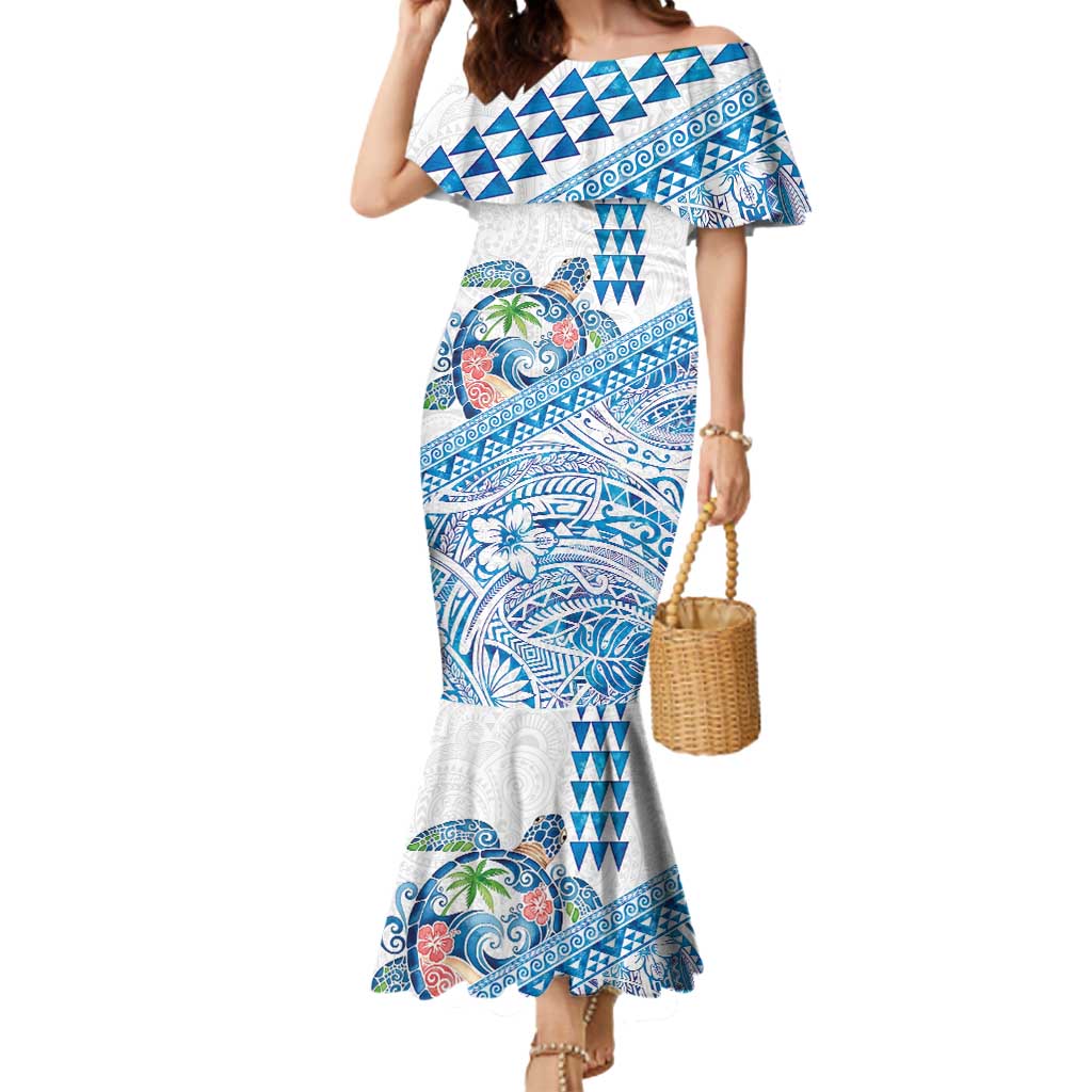 Hawaiian Abstract Sea Turtle Mermaid Dress Polynesian Tapa Art and Kakau Tattoo White WaterColor - Polynesian Pride