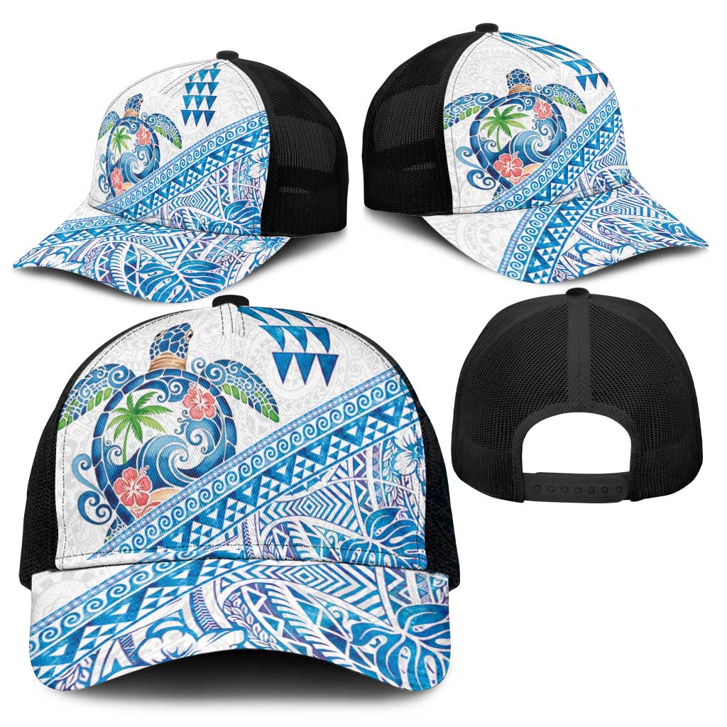 Hawaiian Abstract Sea Turtle Mesh Trucker Cap Polynesian Tapa Art and Kakau Tattoo White WaterColor - Polynesian Pride