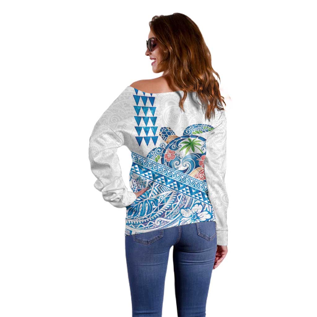 Hawaiian Abstract Sea Turtle Off Shoulder Sweater Polynesian Tapa Art and Kakau Tattoo White WaterColor - Polynesian Pride