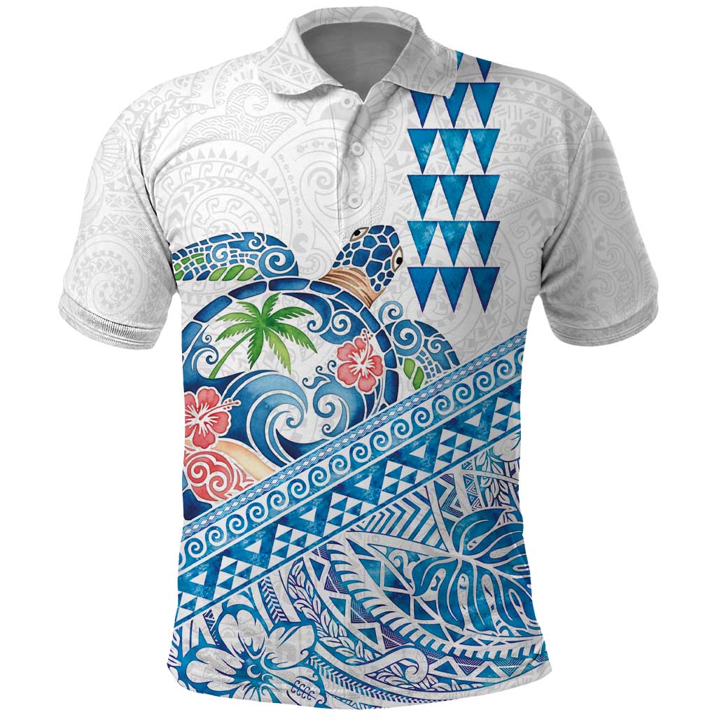 Hawaiian Abstract Sea Turtle Polo Shirt Polynesian Tapa Art and Kakau Tattoo White WaterColor - Polynesian Pride
