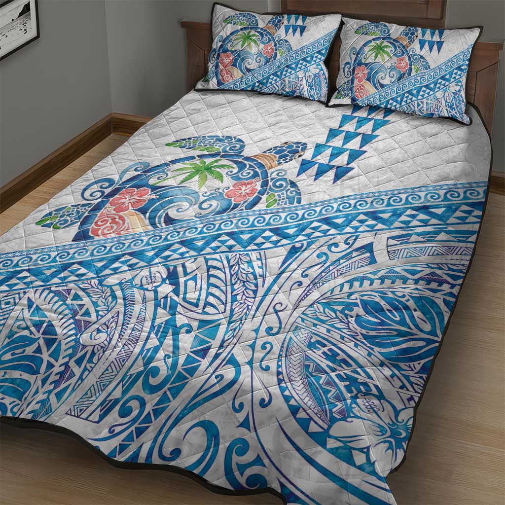 Hawaiian Abstract Sea Turtle Quilt Bed Set Polynesian Tapa Art and Kakau Tattoo White WaterColor - Polynesian Pride
