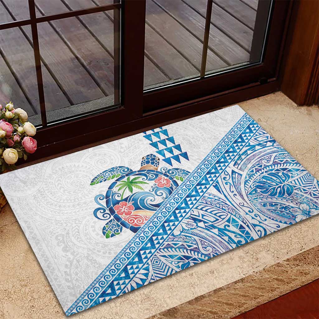 Hawaiian Abstract Sea Turtle Rubber Doormat Polynesian Tapa Art and Kakau Tattoo White WaterColor - Polynesian Pride