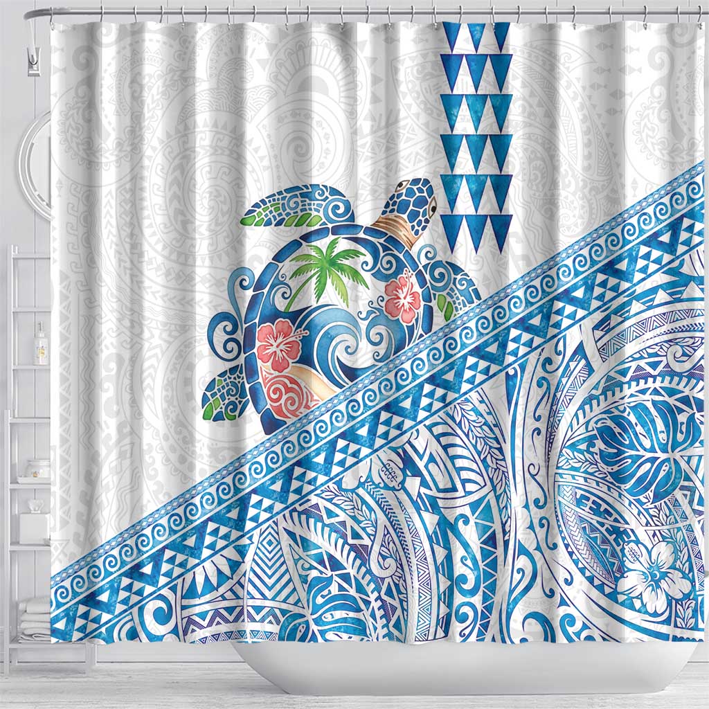Hawaiian Abstract Sea Turtle Shower Curtain Polynesian Tapa Art and Kakau Tattoo White WaterColor - Polynesian Pride