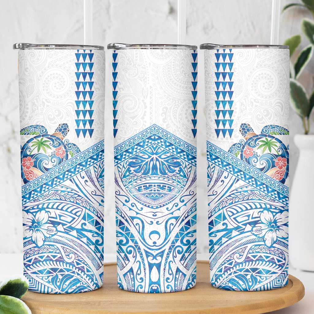 Hawaiian Abstract Sea Turtle Skinny Tumbler Polynesian Tapa Art and Kakau Tattoo White WaterColor - Polynesian Pride