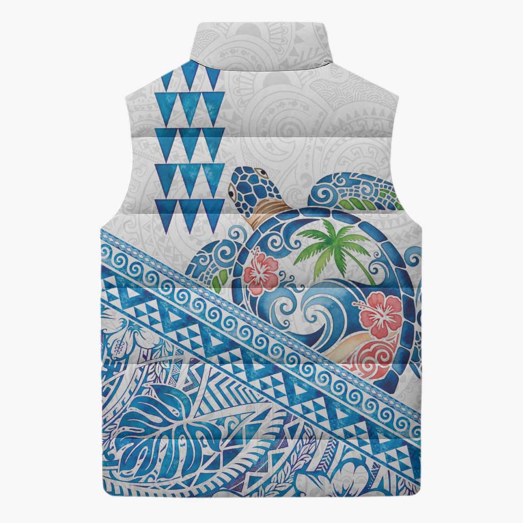 Hawaiian Abstract Sea Turtle Sleeveless Puffer Jacket Polynesian Tapa Art and Kakau Tattoo White WaterColor - Polynesian Pride