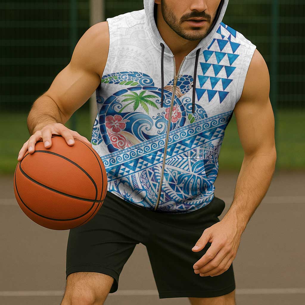 Hawaiian Abstract Sea Turtle Sleeveless Zip Hoodie Polynesian Tapa Art and Kakau Tattoo White WaterColor - Polynesian Pride