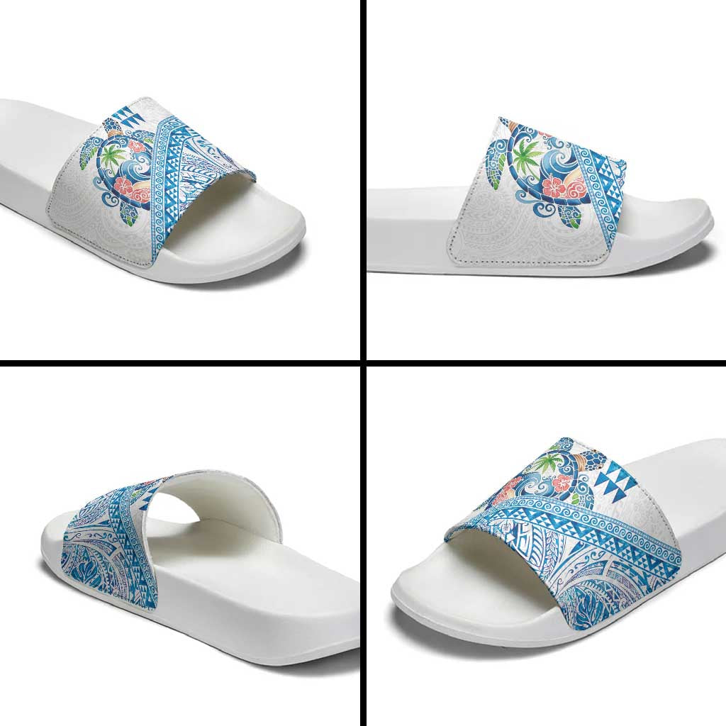 Hawaiian Abstract Sea Turtle Slide Sandals Polynesian Tapa Art and Kakau Tattoo White WaterColor - Polynesian Pride