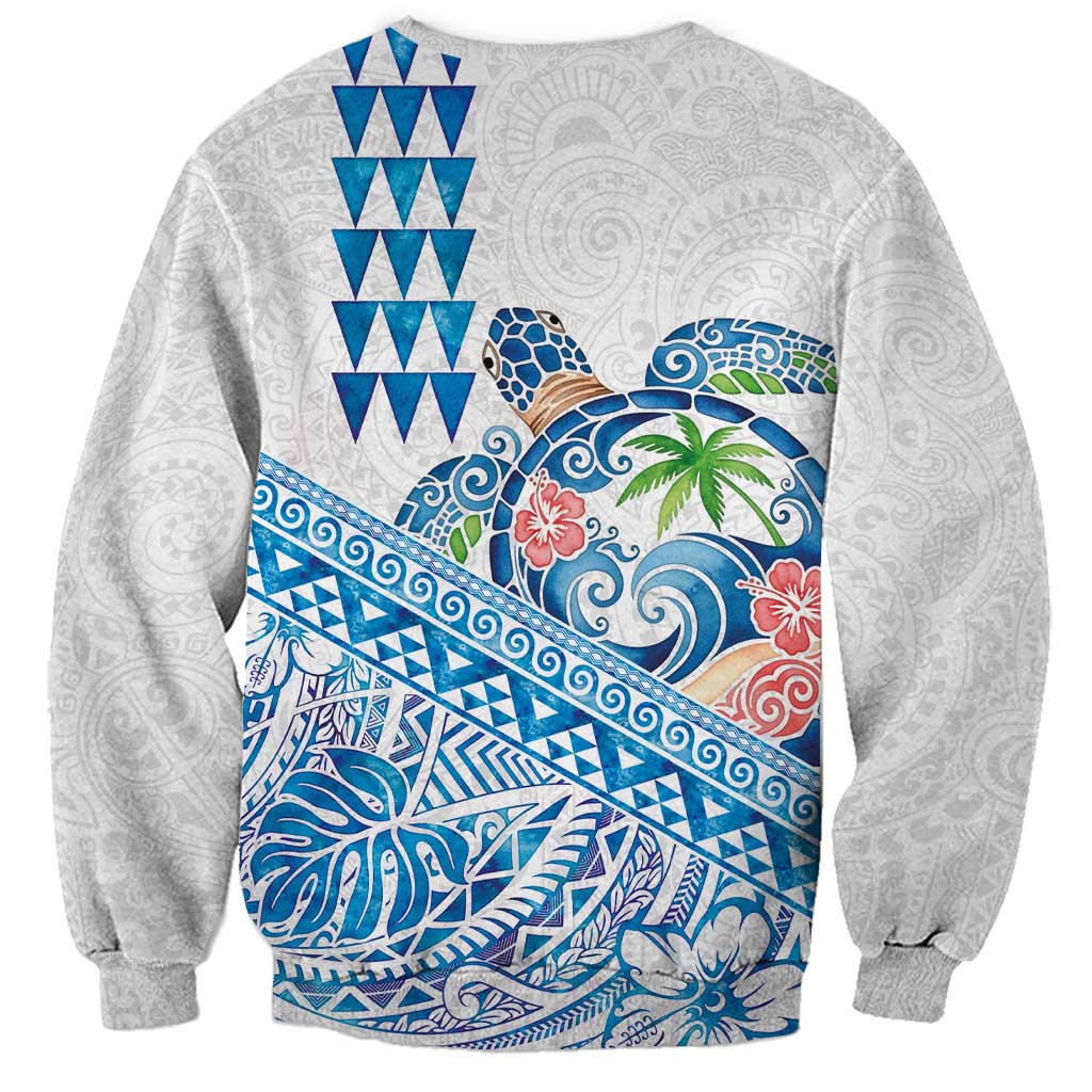 Hawaiian Abstract Sea Turtle Sweatshirt Polynesian Tapa Art and Kakau Tattoo White WaterColor - Polynesian Pride