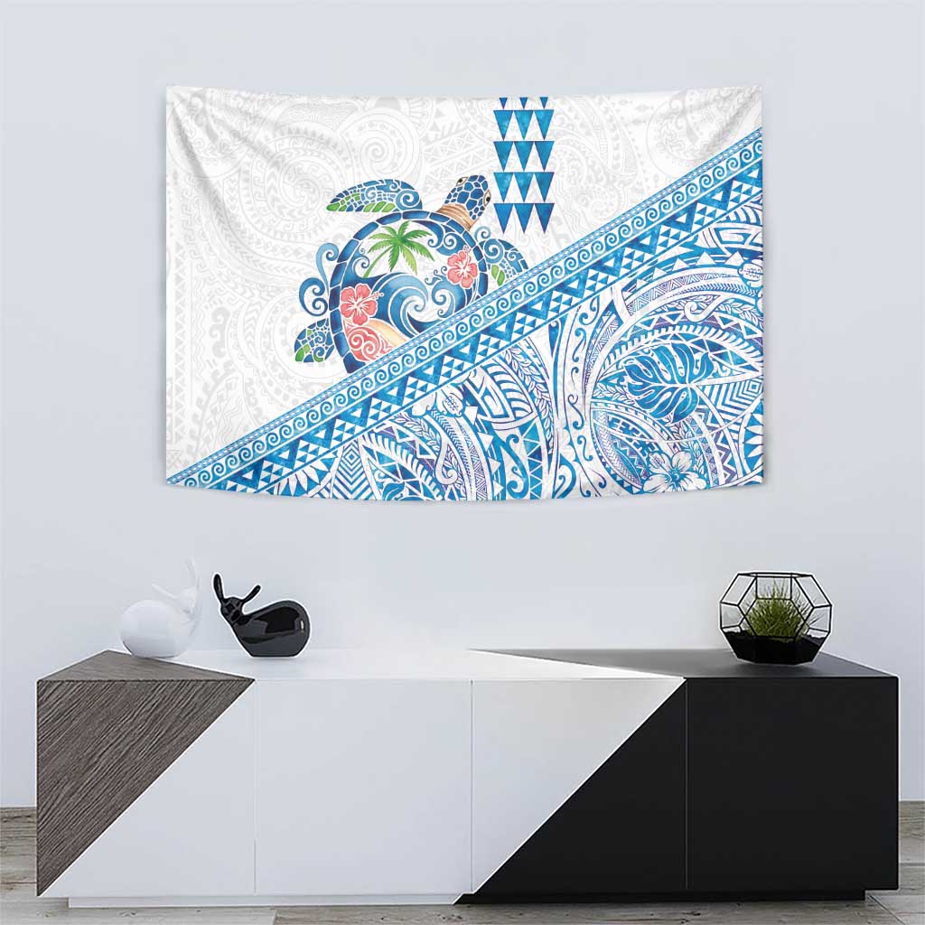 Hawaiian Abstract Sea Turtle Tapestry Polynesian Tapa Art and Kakau Tattoo White WaterColor - Polynesian Pride