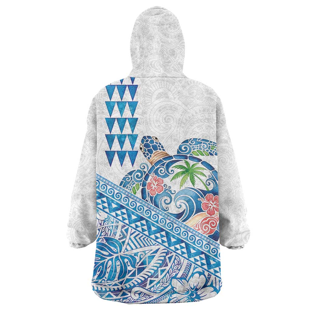 Hawaiian Abstract Sea Turtle Wearable Blanket Hoodie Polynesian Tapa Art and Kakau Tattoo White WaterColor - Polynesian Pride