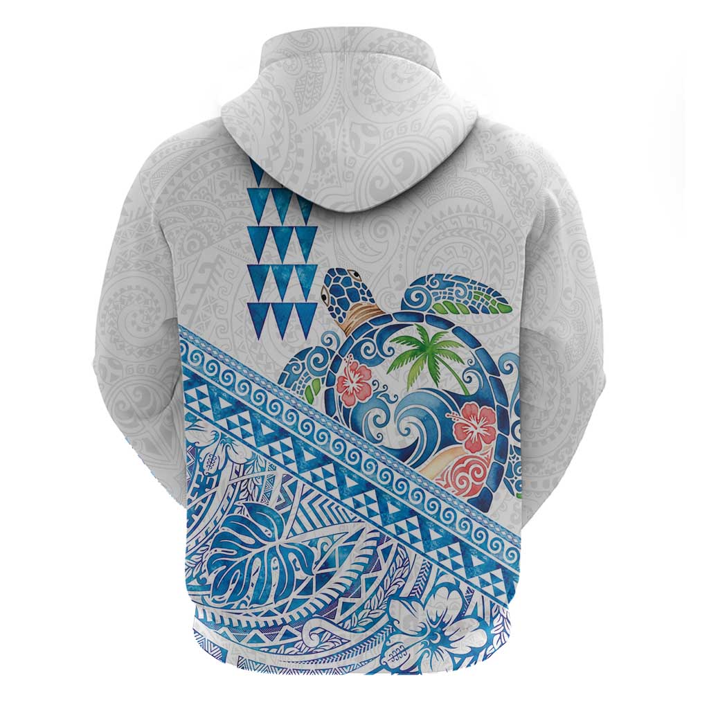Hawaiian Abstract Sea Turtle Zip Hoodie Polynesian Tapa Art and Kakau Tattoo White WaterColor - Polynesian Pride