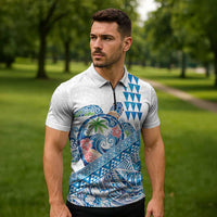 Hawaiian Abstract Sea Turtle Zipper Polo Shirt Polynesian Tapa Art and Kakau Tattoo White WaterColor - Polynesian Pride