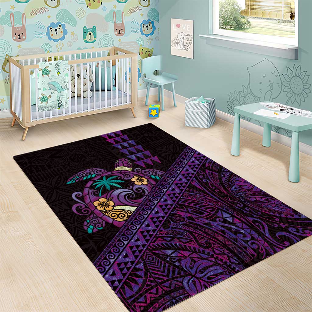 Hawaiian Abstract Sea Turtle Area Rug Polynesian Tapa Art and Kakau Tattoo Purple WaterColor - Polynesian Pride