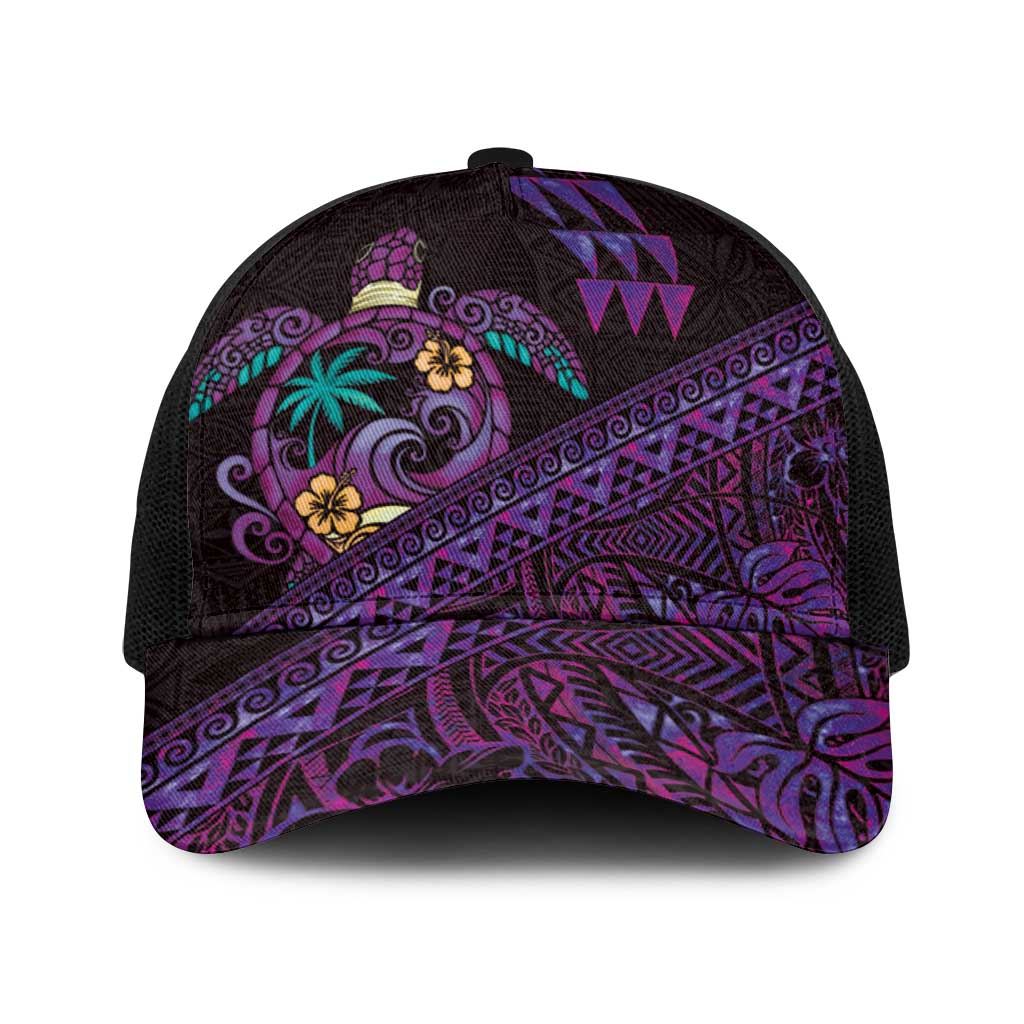 Hawaiian Abstract Sea Turtle Baseball Net Cap Polynesian Tapa Art and Kakau Tattoo Purple WaterColor - Polynesian Pride