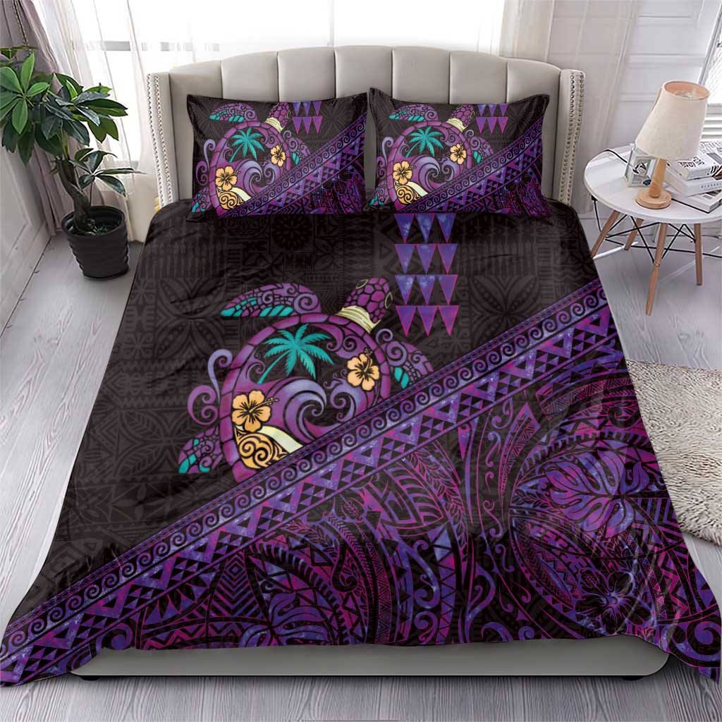 Hawaiian Abstract Sea Turtle Bedding Set Polynesian Tapa Art and Kakau Tattoo Purple WaterColor - Polynesian Pride
