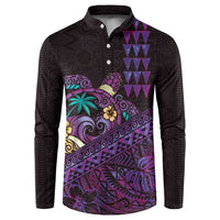 Hawaiian Abstract Sea Turtle Button Sweatshirt Polynesian Tapa Art and Kakau Tattoo Purple WaterColor - Polynesian Pride