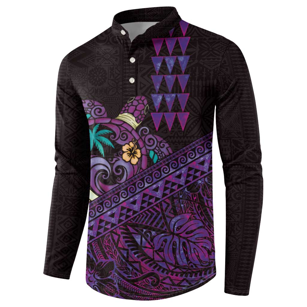 Hawaiian Abstract Sea Turtle Button Sweatshirt Polynesian Tapa Art and Kakau Tattoo Purple WaterColor - Polynesian Pride
