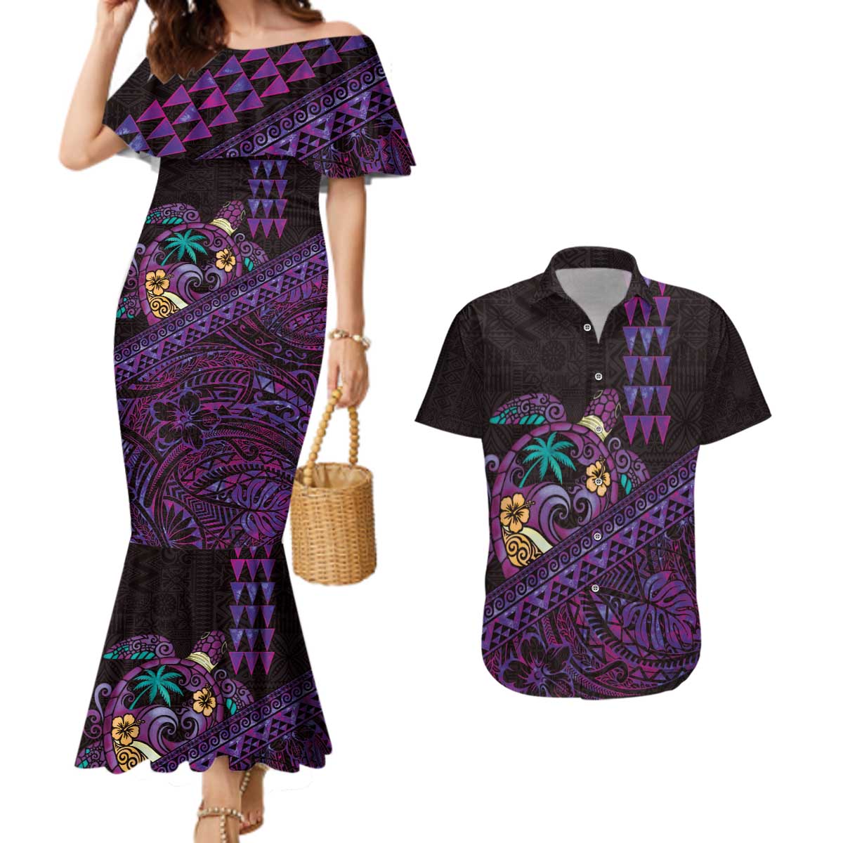 Hawaiian Abstract Sea Turtle Couples Matching Mermaid Dress and Hawaiian Shirt Polynesian Tapa Art and Kakau Tattoo Purple WaterColor - Polynesian Pride