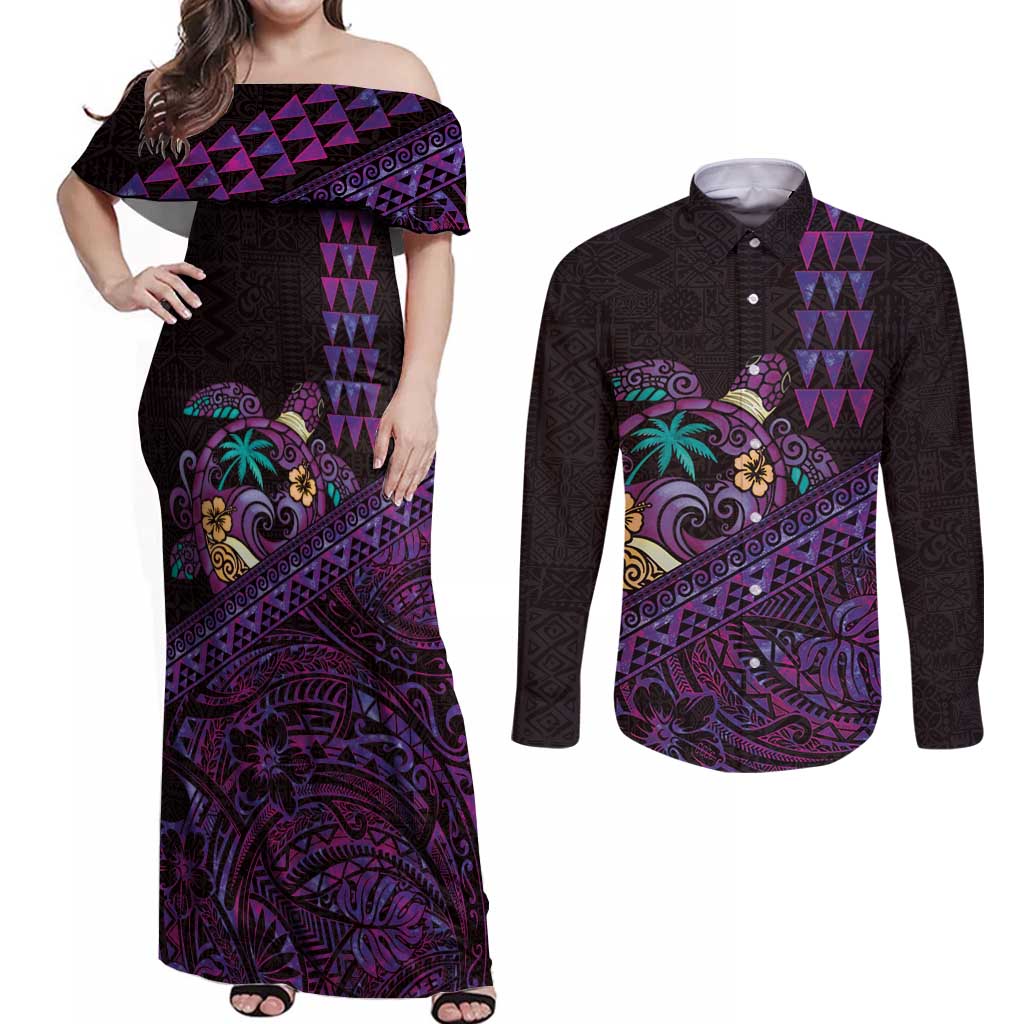 Hawaiian Abstract Sea Turtle Couples Matching Off Shoulder Maxi Dress and Long Sleeve Button Shirt Polynesian Tapa Art and Kakau Tattoo Purple WaterColor - Polynesian Pride