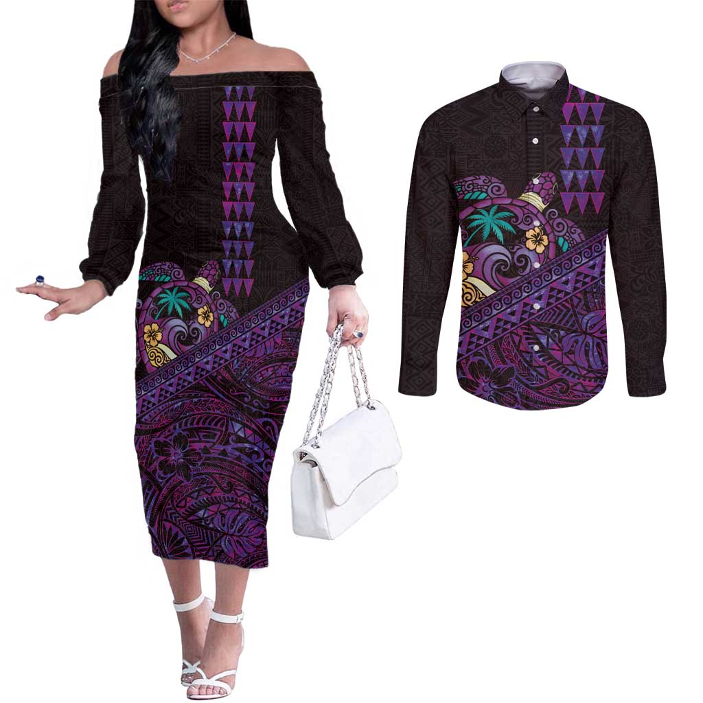 Hawaiian Abstract Sea Turtle Couples Matching Off The Shoulder Long Sleeve Dress and Long Sleeve Button Shirt Polynesian Tapa Art and Kakau Tattoo Purple WaterColor - Polynesian Pride