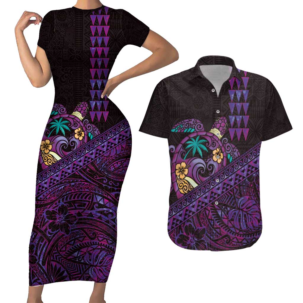 Hawaiian Abstract Sea Turtle Couples Matching Short Sleeve Bodycon Dress and Hawaiian Shirt Polynesian Tapa Art and Kakau Tattoo Purple WaterColor - Polynesian Pride