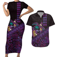 Hawaiian Abstract Sea Turtle Couples Matching Short Sleeve Bodycon Dress and Hawaiian Shirt Polynesian Tapa Art and Kakau Tattoo Purple WaterColor - Polynesian Pride