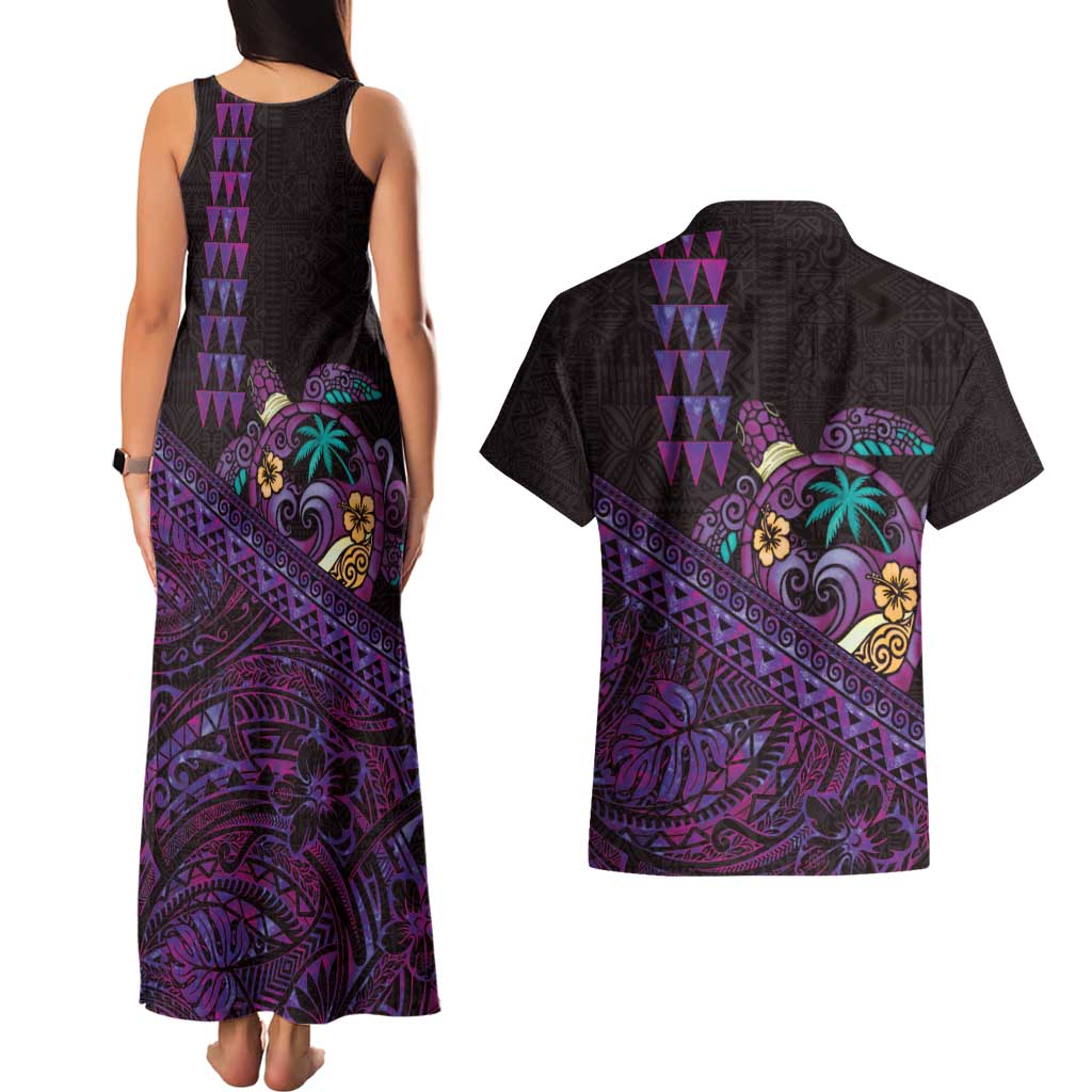 Hawaiian Abstract Sea Turtle Couples Matching Tank Maxi Dress and Hawaiian Shirt Polynesian Tapa Art and Kakau Tattoo Purple WaterColor - Polynesian Pride