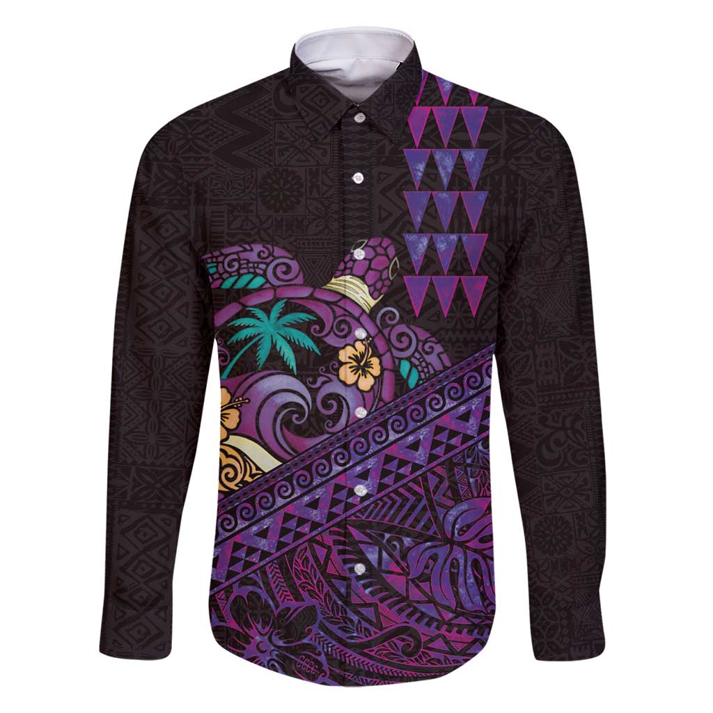 Hawaiian Abstract Sea Turtle Family Matching Off Shoulder Maxi Dress and Hawaiian Shirt Polynesian Tapa Art and Kakau Tattoo Purple WaterColor - Polynesian Pride