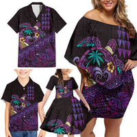 Hawaiian Abstract Sea Turtle Family Matching Off Shoulder Short Dress and Hawaiian Shirt Polynesian Tapa Art and Kakau Tattoo Purple WaterColor - Polynesian Pride