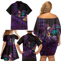 Hawaiian Abstract Sea Turtle Family Matching Off Shoulder Short Dress and Hawaiian Shirt Polynesian Tapa Art and Kakau Tattoo Purple WaterColor - Polynesian Pride