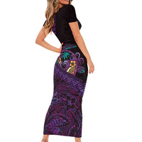 Hawaiian Abstract Sea Turtle Family Matching Short Sleeve Bodycon Dress and Hawaiian Shirt Polynesian Tapa Art and Kakau Tattoo Purple WaterColor - Polynesian Pride