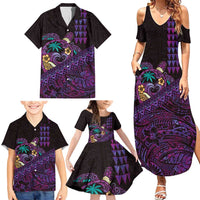 Hawaiian Abstract Sea Turtle Family Matching Summer Maxi Dress and Hawaiian Shirt Polynesian Tapa Art and Kakau Tattoo Purple WaterColor - Polynesian Pride