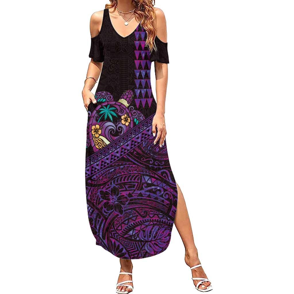 Hawaiian Abstract Sea Turtle Family Matching Summer Maxi Dress and Hawaiian Shirt Polynesian Tapa Art and Kakau Tattoo Purple WaterColor - Polynesian Pride