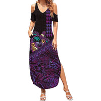 Hawaiian Abstract Sea Turtle Family Matching Summer Maxi Dress and Hawaiian Shirt Polynesian Tapa Art and Kakau Tattoo Purple WaterColor - Polynesian Pride