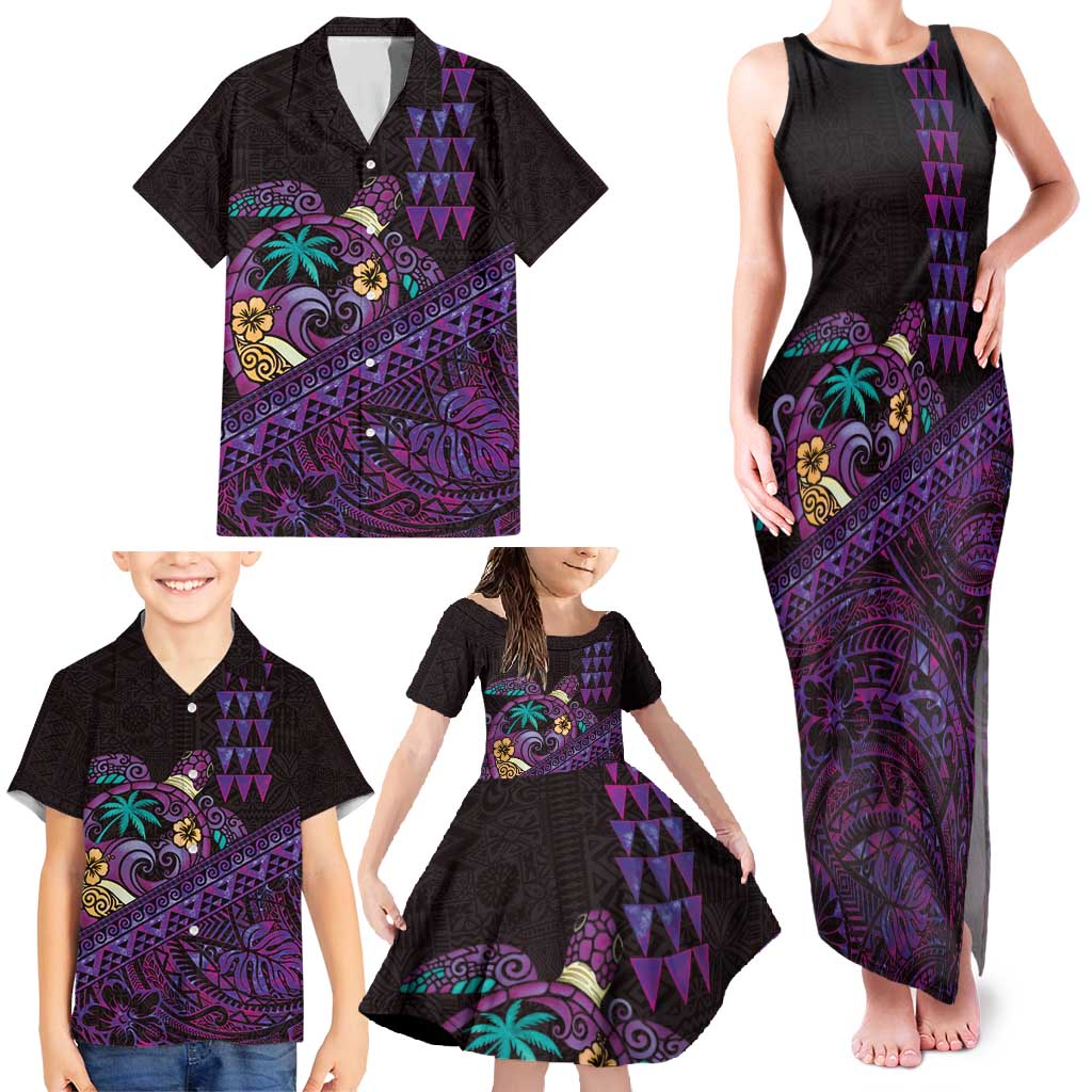 Hawaiian Abstract Sea Turtle Family Matching Tank Maxi Dress and Hawaiian Shirt Polynesian Tapa Art and Kakau Tattoo Purple WaterColor - Polynesian Pride