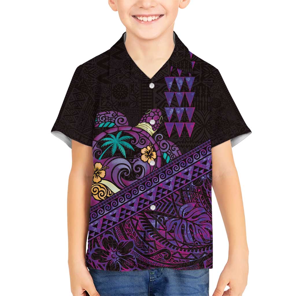 Hawaiian Abstract Sea Turtle Family Matching Tank Maxi Dress and Hawaiian Shirt Polynesian Tapa Art and Kakau Tattoo Purple WaterColor - Polynesian Pride