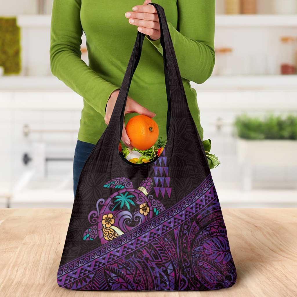 Hawaiian Abstract Sea Turtle Grocery Bag Polynesian Tapa Art and Kakau Tattoo Purple WaterColor - Polynesian Pride