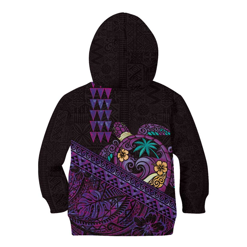 Hawaiian Abstract Sea Turtle Kid Hoodie Polynesian Tapa Art and Kakau Tattoo Purple WaterColor - Polynesian Pride