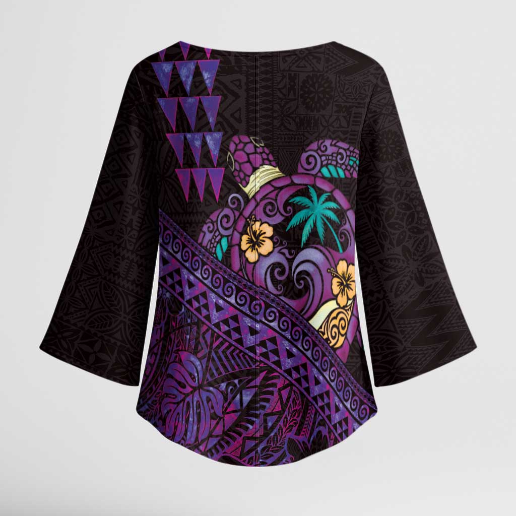 Hawaiian Abstract Sea Turtle Kimono Sleeve Blouse Polynesian Tapa Art and Kakau Tattoo Purple WaterColor - Polynesian Pride