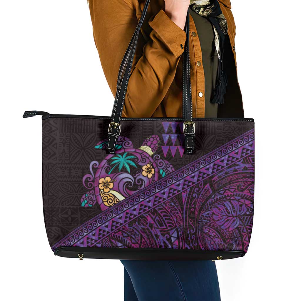 Hawaiian Abstract Sea Turtle Leather Tote Bag Polynesian Tapa Art and Kakau Tattoo Purple WaterColor - Polynesian Pride