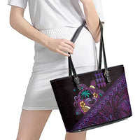Hawaiian Abstract Sea Turtle Leather Tote Bag Polynesian Tapa Art and Kakau Tattoo Purple WaterColor - Polynesian Pride