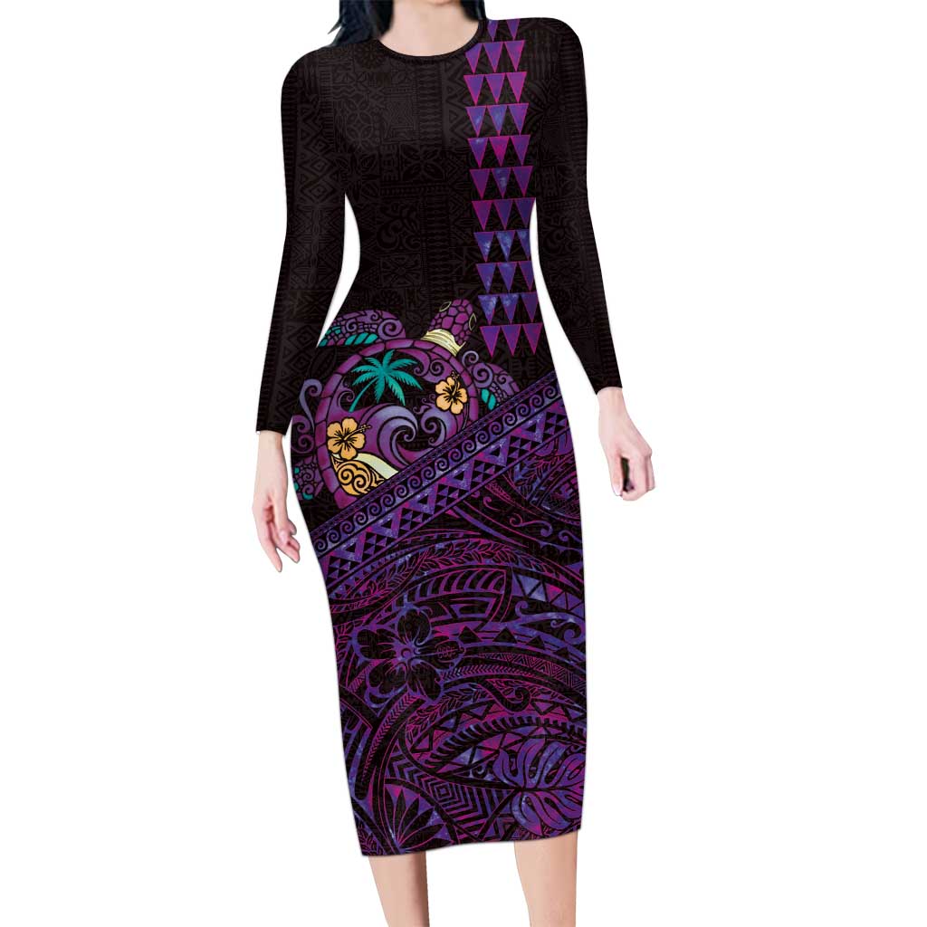 Hawaiian Abstract Sea Turtle Long Sleeve Bodycon Dress Polynesian Tapa Art and Kakau Tattoo Purple WaterColor - Polynesian Pride