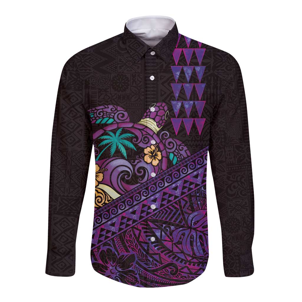 Hawaiian Abstract Sea Turtle Long Sleeve Button Shirt Polynesian Tapa Art and Kakau Tattoo Purple WaterColor - Polynesian Pride