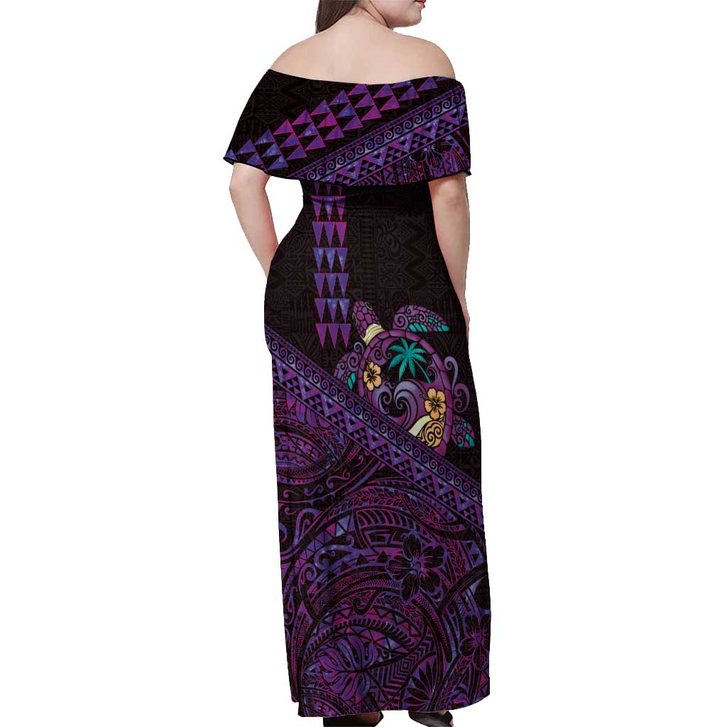 Hawaiian Abstract Sea Turtle Off Shoulder Maxi Dress Polynesian Tapa Art and Kakau Tattoo Purple WaterColor - Polynesian Pride