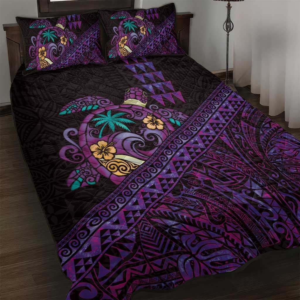 Hawaiian Abstract Sea Turtle Quilt Bed Set Polynesian Tapa Art and Kakau Tattoo Purple WaterColor - Polynesian Pride