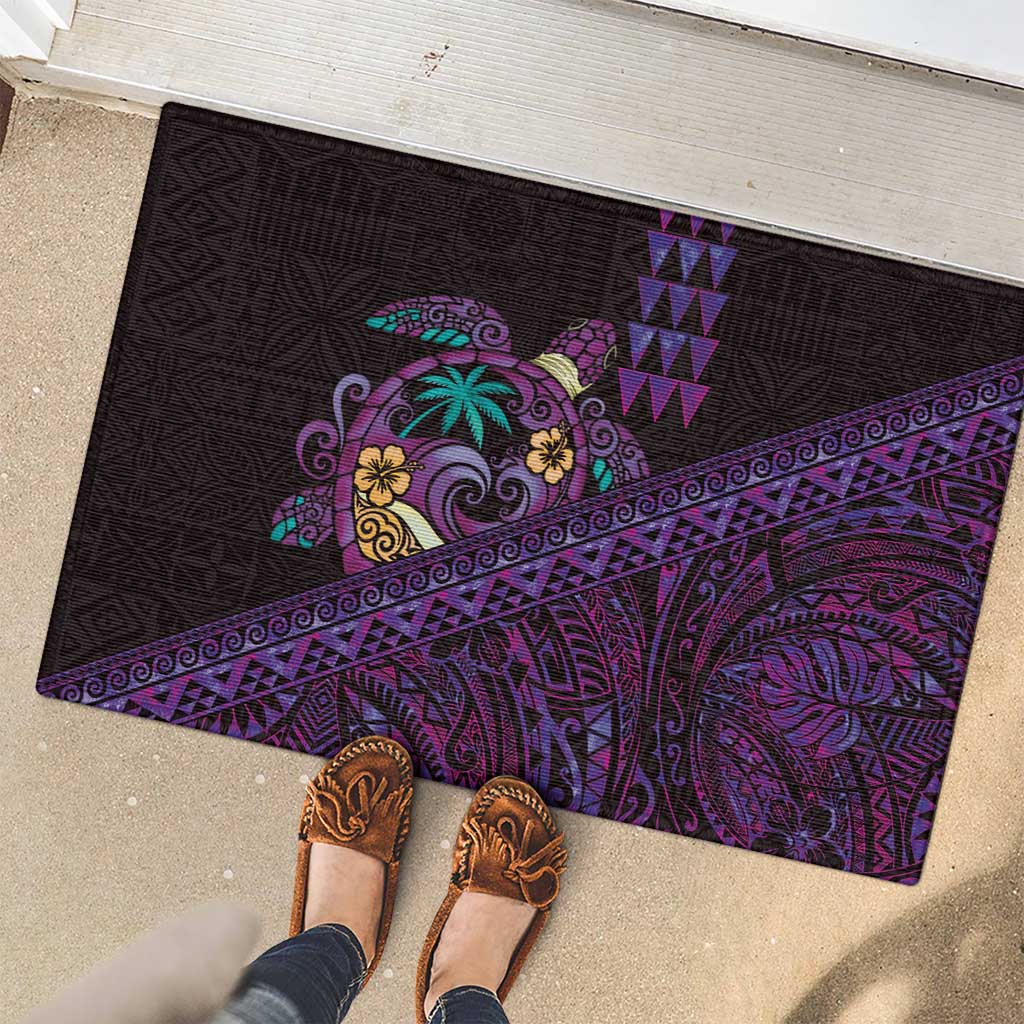 Hawaiian Abstract Sea Turtle Rubber Doormat Polynesian Tapa Art and Kakau Tattoo Purple WaterColor - Polynesian Pride