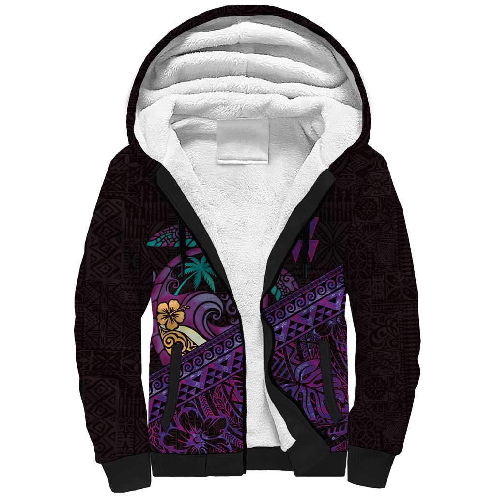 Hawaiian Abstract Sea Turtle Sherpa Hoodie Polynesian Tapa Art and Kakau Tattoo Purple WaterColor - Polynesian Pride