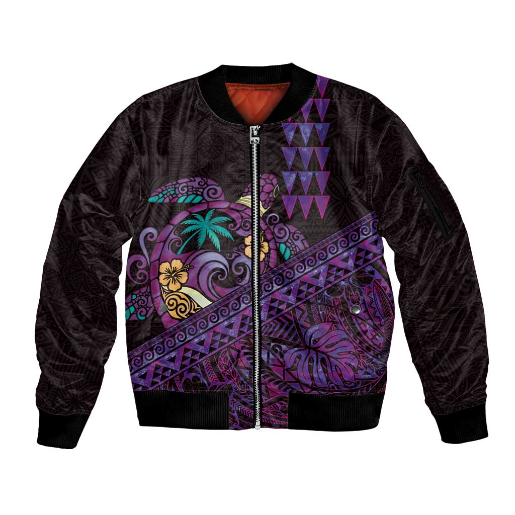 Hawaiian Abstract Sea Turtle Sleeve Zip Bomber Jacket Polynesian Tapa Art and Kakau Tattoo Purple WaterColor - Polynesian Pride