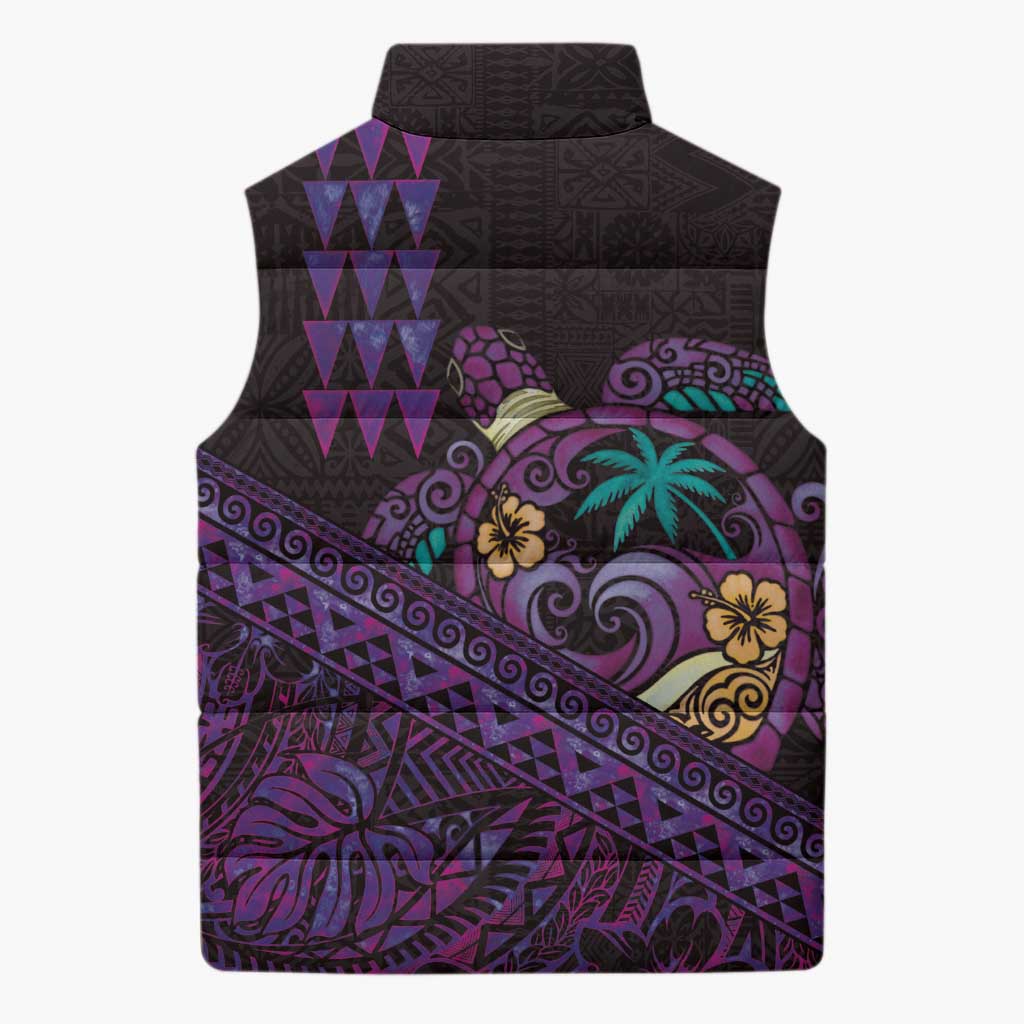 Hawaiian Abstract Sea Turtle Sleeveless Puffer Jacket Polynesian Tapa Art and Kakau Tattoo Purple WaterColor - Polynesian Pride